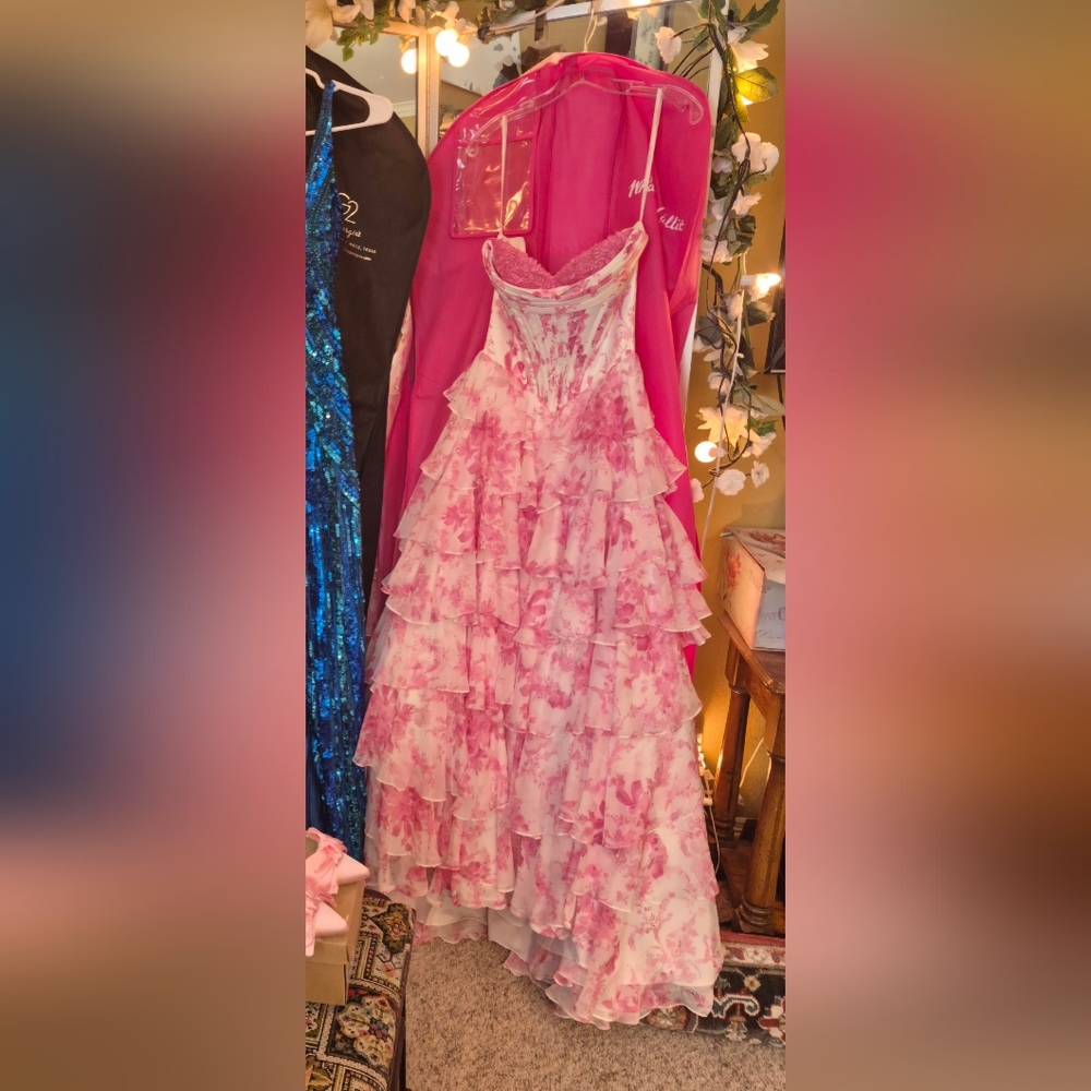 Strapless Pink Floral Ruffle Evening Gown - Picture 2 of 3